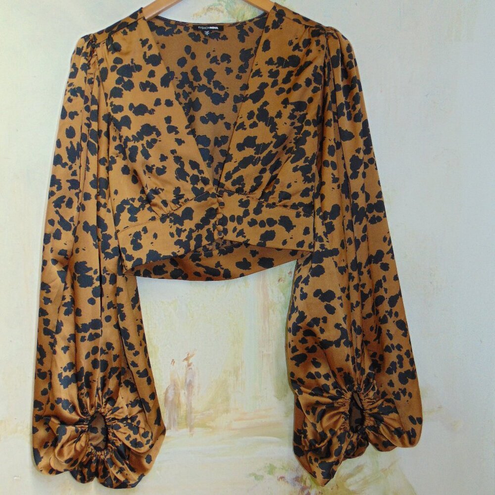 Fashion Nova Cropped Blouse Brown Black Balloon Sleeve Animal Print Small Top